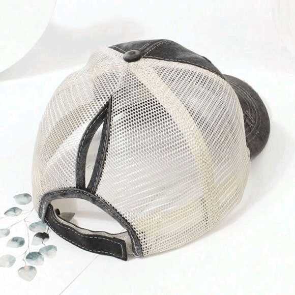 2/$30 Ladies Black Grey Aztec Distressed Ponytail Baseball Trucker Hat - Picture 3 of 5